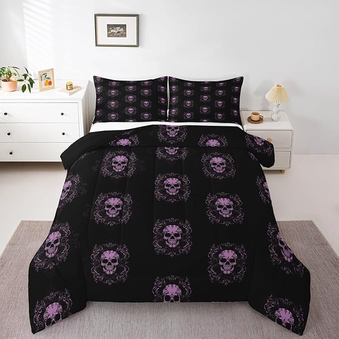 Erosebridal Sugar Skull Bedding Set King Size, Purple Black Damask Comforter Set Halloween Skeleton Bones Quilt for Kids Teens Adult, Gothic Spooky Bohemian Exotic Down Comforter, 2 Pillow Cases - sugar skull bedding set