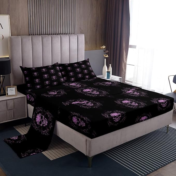 Erosebridal Sugar Skull Bed Sheets Set Full, Purple Black Damask Sheet Set Halloween Skeleton Bones Sheets for Kids Teens Adult, Gothic Spooky Bohemian Exotic Bedding Set, 2 Pillow Cases - sugar skull bedding set