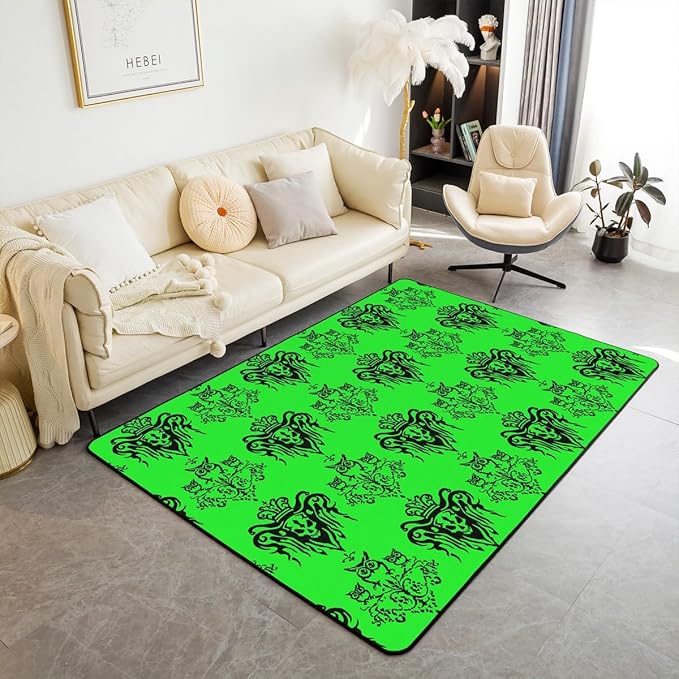 Erosebridal Green Damask Area Rugs 5x7,Halloween Fall Rug for Kids Boys Girls Sugar Skull Owl Carpet Non Slip,Antique Baroque Skeleton Flowers Indoor Floor Mat,Trippy Floral Decorative Washable Rug - sugar skull area rug