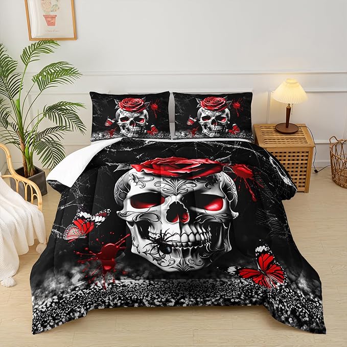 Gothic Skull Comforter Set King Size for Boys Girls,Skeleton Bone Spider Butterfly Print Horror Bedding Set,Sugar Skull Halloween Theme Comforter Set Red Black Bedding Set - sugar skull bedding set