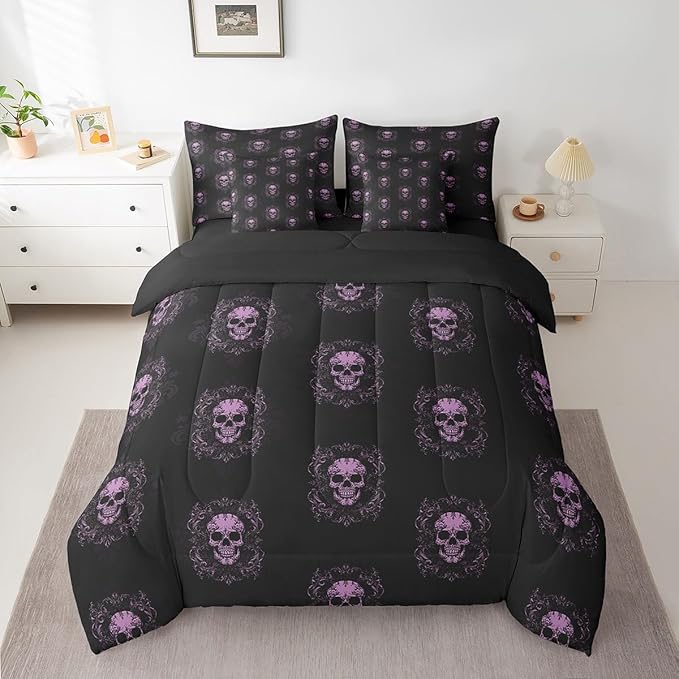 Erosebridal 7 Piece Sugar Skull Bedding Set Queen, Purple Black Damask Comforter Set Halloween Skeleton Bones Sheet Set for Kids Teens Adult, Gothic Spooky Bohemian Exotic Bed Set Bed in A Bag - sugar skull bedding set