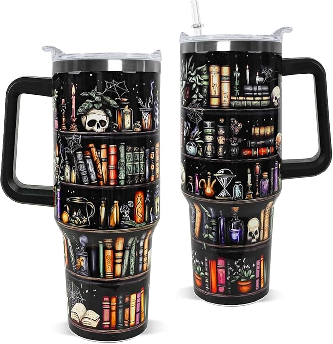 Book Lovers Gifts 40oz Book Lover Tumbler Halloween Goth Skull Bookshelf Coffee Travel Mugs Christmas Insulated Cup Gifts for Women Readers,Reading,Bookish,Librarian - sugar skull tumbler with straw