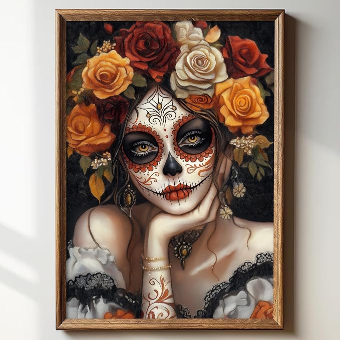 Sugar Skull Girl Wall Art Halloween Themed Prints Ghost Portrait Canvas Dark Academia Painting Mexican Skeleton Poster Witch Halloween Pictures Dark Moody Artwork Sugar Skull Wall Art 16x24in No Frame - sugar skull poster print