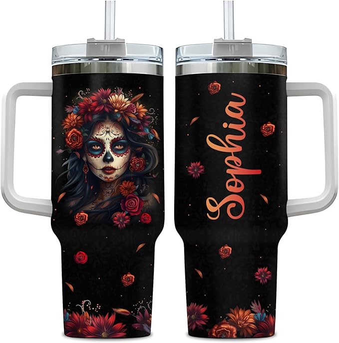 Hyturtle Personalized Floral Sugar Skull Tumbler - Sugar Skull Gifts For Women - Gothic Skeleton Gifts For Lovers - Day of the Dead Present Decor - Custom Name Travel Coffee Cup 40 Oz With Lid Straw - sugar skull tumbler with straw