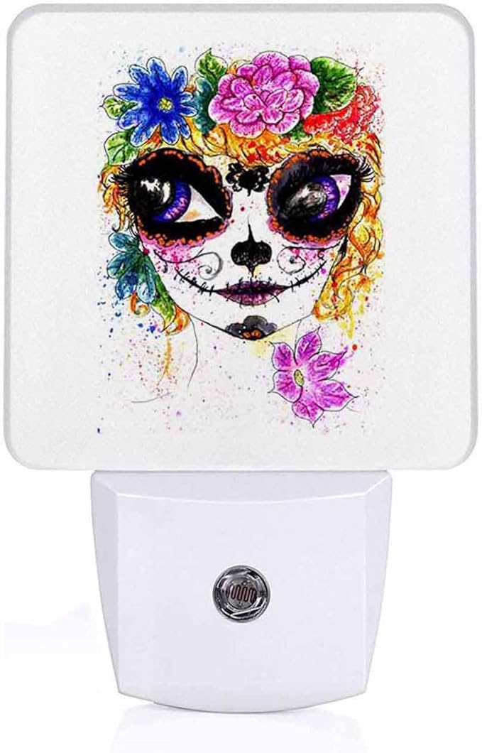 LED Night Light Lamp with Smart Sensor Dusk to Dawn Sensor,Girl with Sugar Skull Makeup in Flower Crown Night Light Daylight White,0.5W Plug-into Wall for Adult,Bedroom,Hallway Kitchen - sugar skull makeup kit