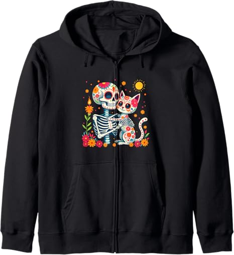 Skeleton & Cat Sugar Skull Día de los Muertos tees - sugar skull zip up hoodie mens