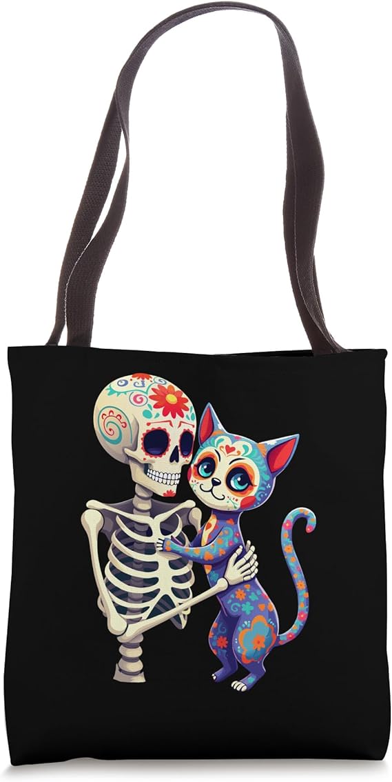 Skeleton Hugging Cat Sugar Skull Día de los Muertos Cat Love Tote Bag - sugar skull handbags for sale