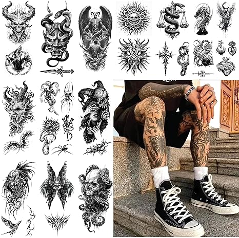 Impressed Blackwork Temporary Tattoos for Adults - Grunge Gothic Large Fake Tats for Men - Dark Art Horror Custom Ink for Teens - Dragon, Skeleton, Skulls, Tattoo for Shoulder, Arm, Leg, for Halloween - sugar skull temporary tattoo