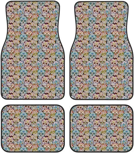 Colorful Sugar Skull Car Floor Mats Set of 4 Universal Fit Automotive All-Weather Mats with Non-Slip Rubber Backing for SUV, Sedan, Van Car Accessories - sugar skull car floor mats