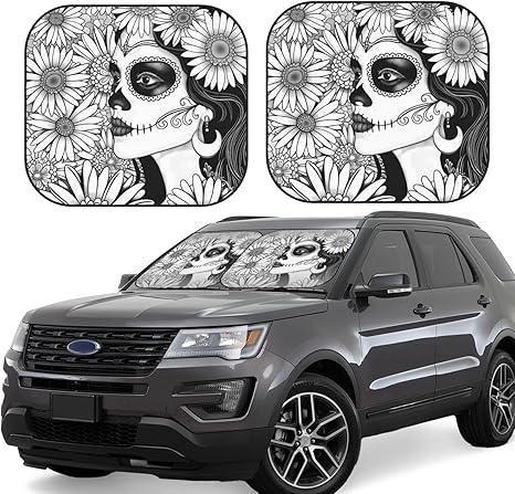 Car Windshield Sun Shade - Floral Sugar Skull Portrait Foldable Sun Visor for Car - Car Sun Shade Offers Full Protection and Keep Cool with Car SUV Interior - sugar skull car sunshade for windshield