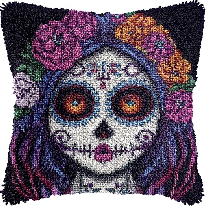 DIY Latch Hook Kits Pillowcase Beautiful Sugar Skull Girl Crochet Yarn Pre-Printed Cushion Needlework Pillow Hook and Latch Kit Cushion Home Sofa Decoration 43x43cm(4) - sugar skull throw pillow