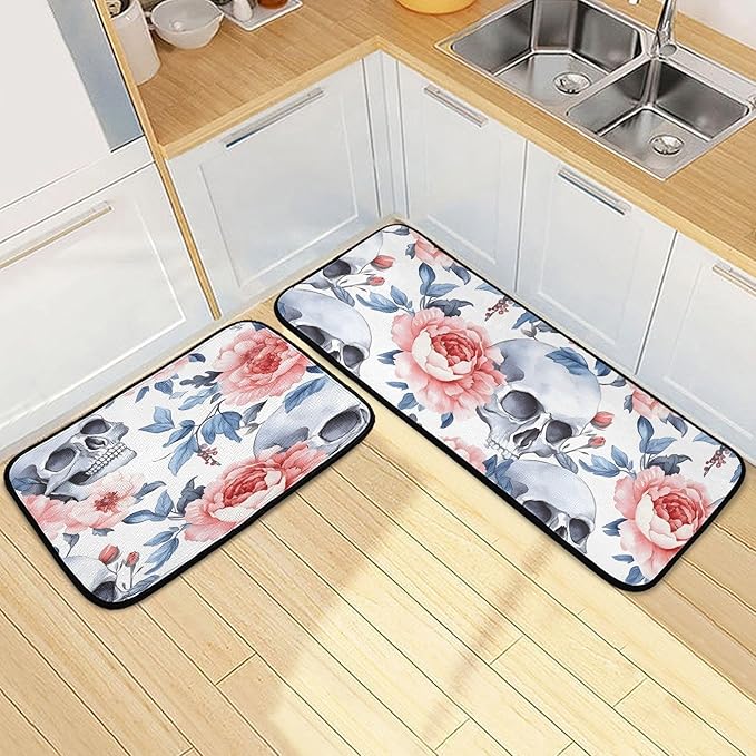 ALAZA 2 Pcs Christmas Kitchen Rugs and Mats for Floor Skeleton Skull Sugar Pink Rose Non Slip Kitchen Mats Sets Merry Christmas Decorations Winter Runner Rug Xmas Decor 20"x28"+20"x47" - sugar skull floor mat