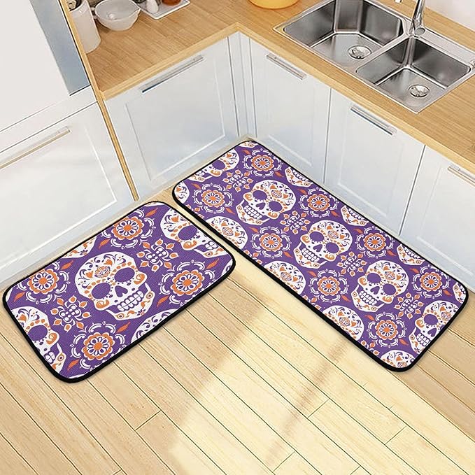 ALAZA 2 Pcs Christmas Kitchen Rugs and Mats for Floor Purple Skeleton Skull Sugar Non Slip Kitchen Mats Sets Merry Christmas Decorations Winter Runner Rug Xmas Decor 20"x28"+20"x47" - sugar skull floor mat