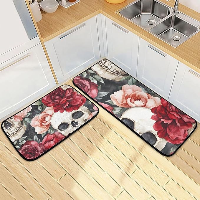 ALAZA 2 Pcs Christmas Kitchen Rugs and Mats for Floor Skeleton Skull Sugar Rose Non Slip Kitchen Mats Sets Merry Christmas Decorations Winter Runner Rug Xmas Decor 20"x28"+20"x47" - sugar skull floor mat