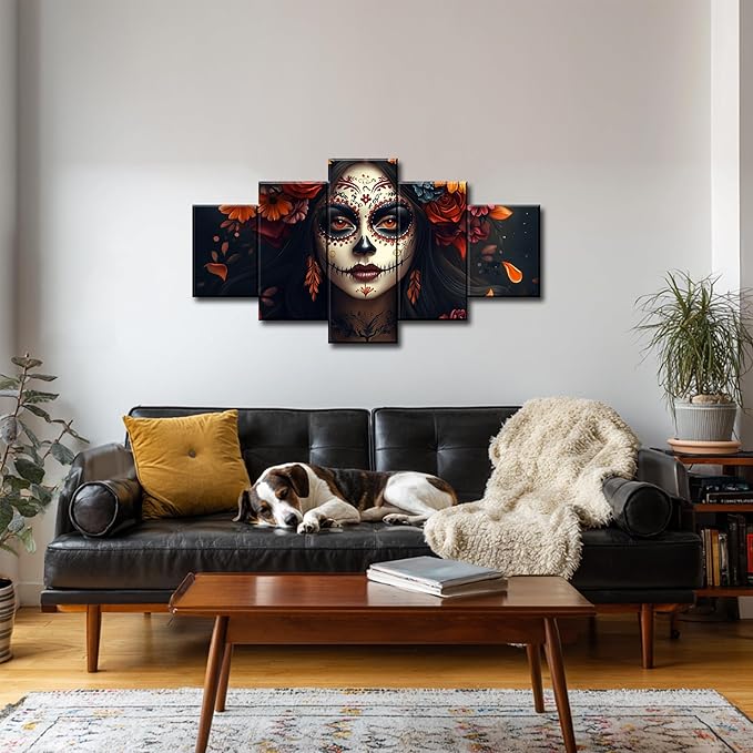 ARNLRDYA Day of The Dead Wall Decor Skull Makeup Girl Wall Art Marigold Mexico Poster Mexican Painting Floral Picture HD Canvas Printing Frame for Festivals Gift Home Decor Ready to Hang(60x32inch) - sugar skull canvas wall art