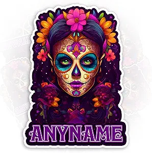 Personalized Women Sugar Skull Sticker Custom Name Sugar Floral Girls Skull Mexico Mexican Stickers Waterproof Die-Cut Vinyl Sticker for Kindle Laptop Water Bottle Hard Hat Funny Sticker Gifts - sugar skull vinyl sticker