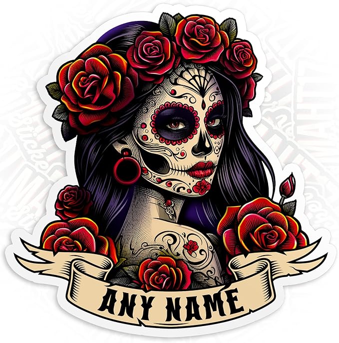 Personalized Women Sugar Skull Sticker Custom Name Sugar Roses Girls Skull Mexico Mexican Stickers Waterproof Die-Cut Vinyl Sticker Decal for Kindle Laptop Water Bottles Phone Decal Gifts - sugar skull vinyl sticker