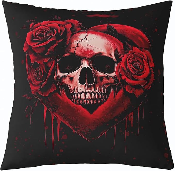 Erosebridal Sugar Skull Pillow Cover,Rose Flower Floral Throw Pillow Cover for Chairs,Red Black Love Heart Decorative Pillow Cover,Horror Gothic Skeleton Bone Cushion Case,18x18 Inch - sugar skull throw pillow