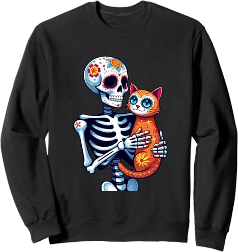 Skeleton & Cat Sugar Skull Día de los Muertos tees - sugar skull sweatshirt womens