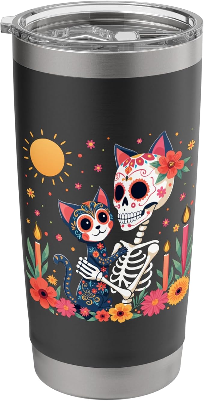 Floral Skeleton Hugging Cat Sugar Skull Día de los Muertos Stainless Steel Insulated Tumbler - sugar skull tumbler with straw
