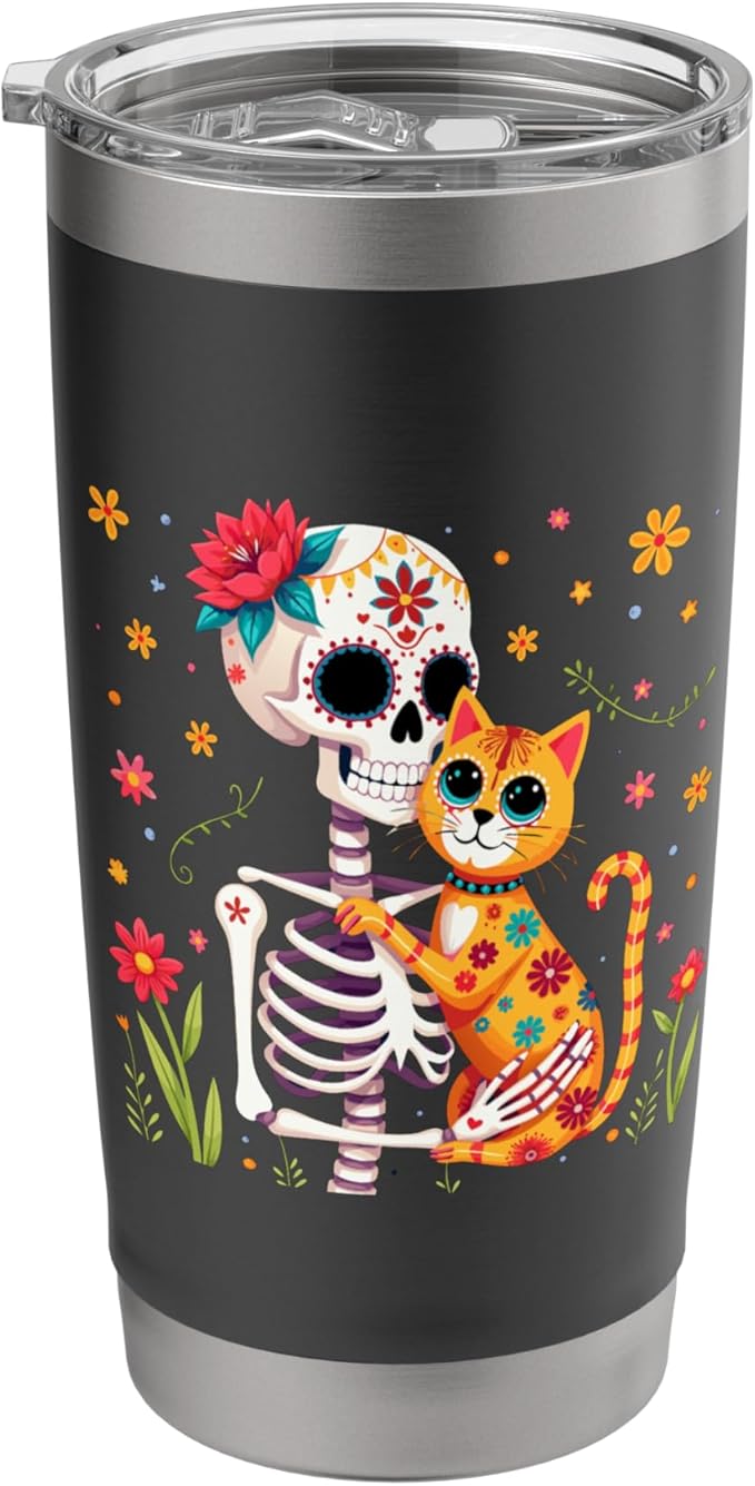 Skeleton Hugging Cat Sugar Skull Día los Muertos Cat Lovers Stainless Steel Insulated Tumbler - sugar skull tumbler with straw