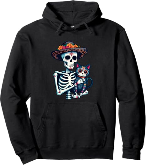 Skeleton & Cat Sugar Skull Día de los Muertos tees - sugar skull hoodie mens