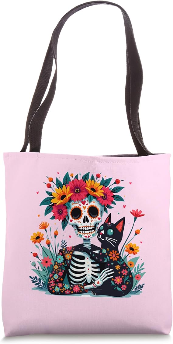 Skeleton Hugging Cat Sugar Skull Día los Muertos Cat Lovers Tote Bag - sugar skull handbags for sale