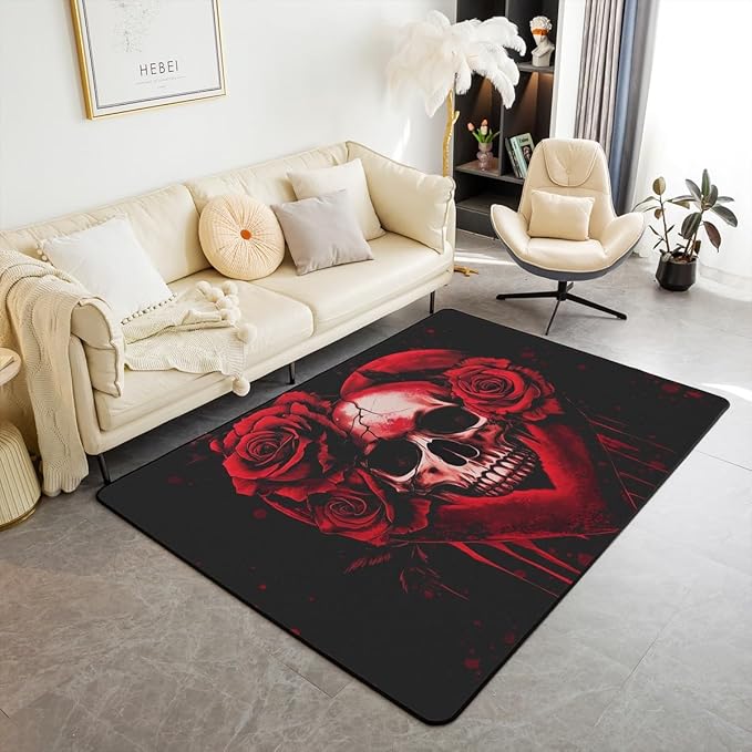 Erosebridal Sugar Skull Non Shedding Carpet 5x7,Rose Flower Floral Area Rug,Red Black Love Heart Living Room Rugs for Home Decorative,Horror Gothic Skeleton Bone Decorative Accent Rug for Bedroom - sugar skull area rug