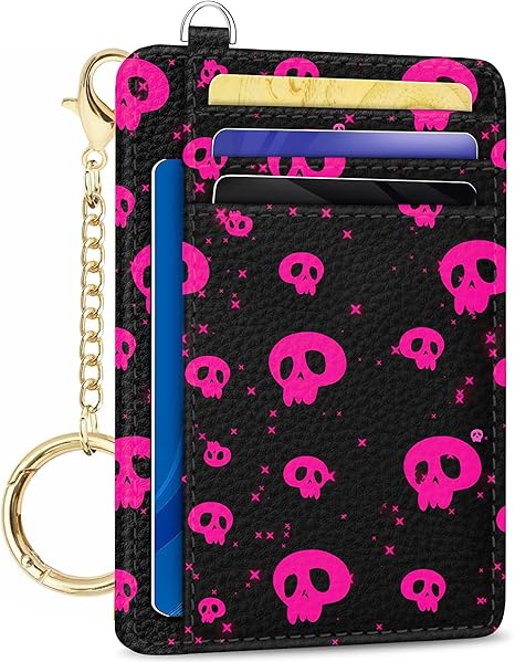 Credit Card Holder Slim Wallet, Small Wallets Woman RFID Wallet Women, Front Pocket Cute Funny Mini Thin ID Card holders (pink skull) - sugar skull wallets for women