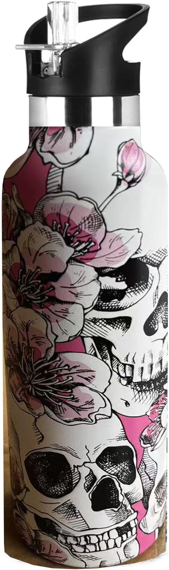 Skull Sport Water Bottle with Straw, Vacuum Insulated Stainless Steel Thermal Drinking Travel Mug Cups For Gym Fitness Camping-20oz/600ml - sugar skull coffee cup