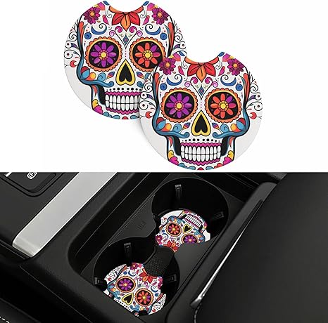 Car Coaster 2 Pcs Universal Car Cup Coaster Sugar Skull Car Cup Mat Auto Non-Slip Cup Holder with A Finger Notch Drink Coaster for Car Car Interior Accessories Coasters for Most Vehicle - sugar skull car floor mats