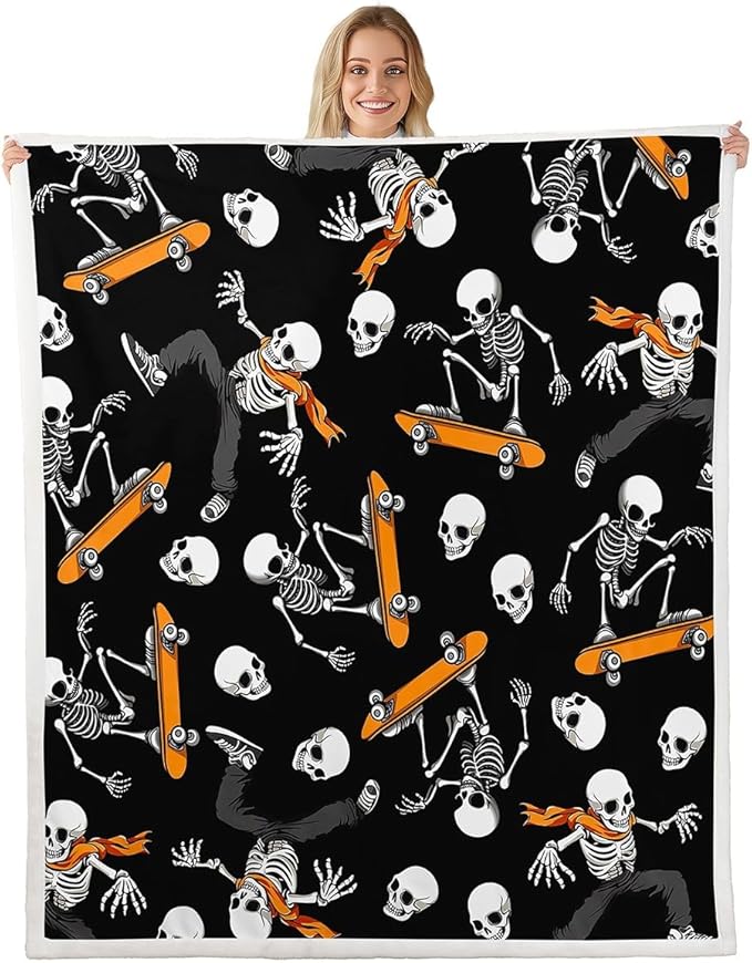 Erosebridal Sugar Skull Blanket for Boys Girls Kids Gothic Style Throw Blanket Happy Halloween Fleece Blanket Halloween Decorations Fuzzy Blanket Trick or Treat Themed Sherpa Blanket 40"x50" - sugar skull throw blanket