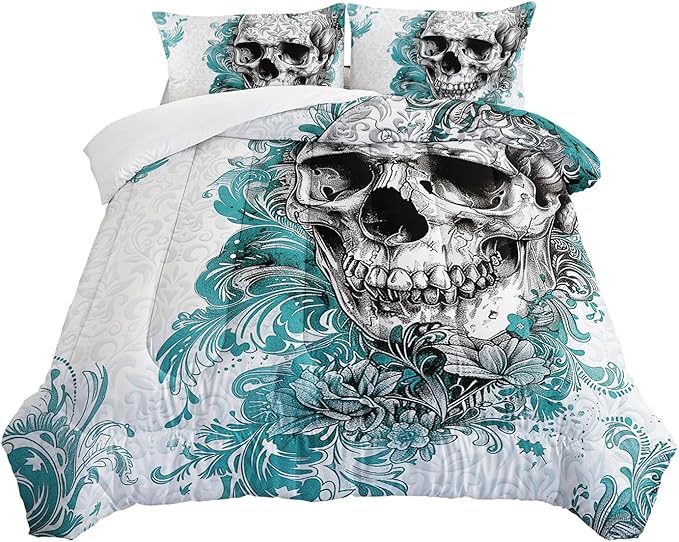 Blue Color Skull Comforter Set Twin Size，Gothic Fog Skull Skeleton Comforter Set Sugar Skull Comforter Set Blue Floral Bedding Set Gothic Skull Print with 1 Comforter Set with 2 Pillowcases - sugar skull bedding set