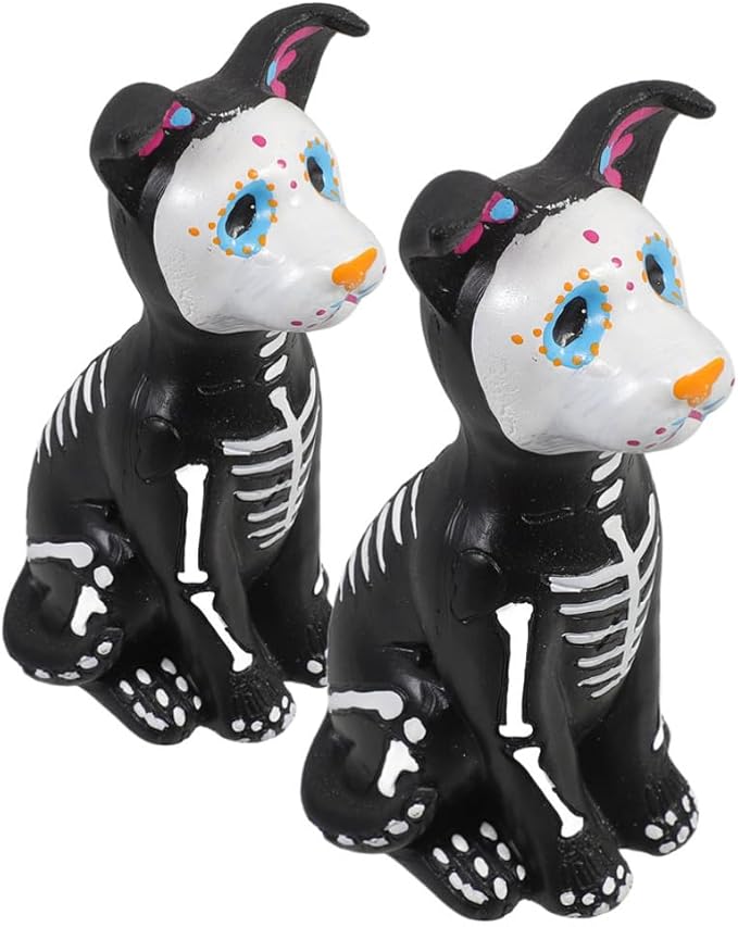 UPKOCH 2-Pack Day of The Dead Dog Figurine, 5.5 Inch Resin Halloween Dog Statue, Skeleton Pattern Sugar Skulls Sculpture, Spooky Home Desk Decorations - sugar skull figurine collectible