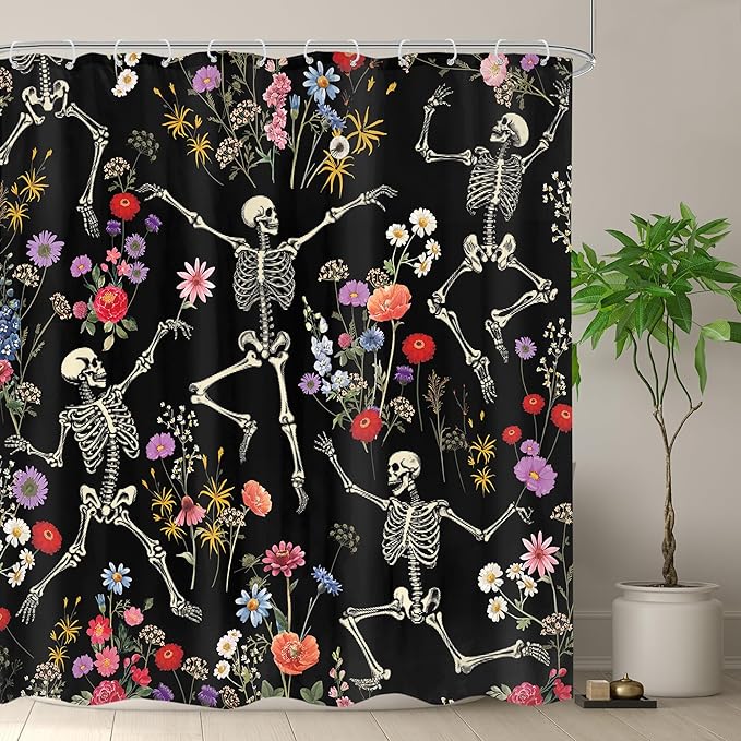 Omifly Skull Flower Shower Curtain 72Wx72H Inch Gothic Goth Skeleton Black Colorful Floral Wildflower Cool Spooky for Women Girls with 12 Plastic Hooks Fabric Waterproof Toilet Accessories Decor - sugar skull shower curtain set