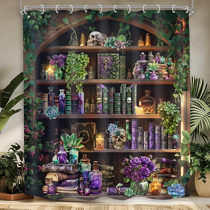 Gothic Skull Shower Curtain 60Wx72H Vintage Witchy Spooky Retro Wizard Magic Bookshelf Succulent Black Unique Cool Bathroom Decor Plant Mysterious Bath Curtain Fabric Polyester 12 Pack Hooks - sugar skull shower curtain set