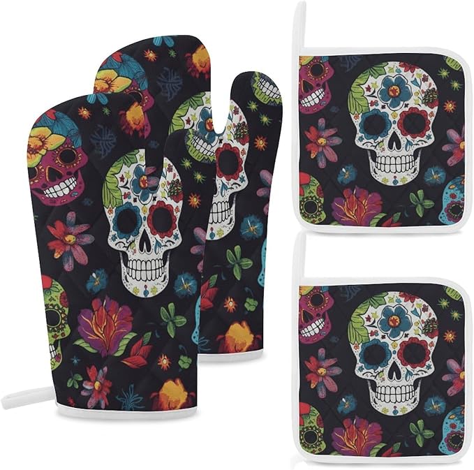 Oven Mitts and Pot Holders Sets of 4 Heat Resistant Non-Slip Oven Gloves and Potholder Flower Cactus Sugar Skull Oven Mitts Waterproof Cooking Hot Pads for Kitchen Baking Grilling BBQ - sugar skull oven mitts