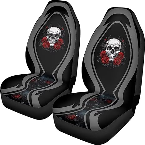 Skull Rose Car Seat Covers Front Pair Black Automotive Front Seat Covers for Comfortable Driving,Universal Auto Interior Fit for Most Kinds of Vehicles,SUV,Sedans - sugar skull car seat covers set