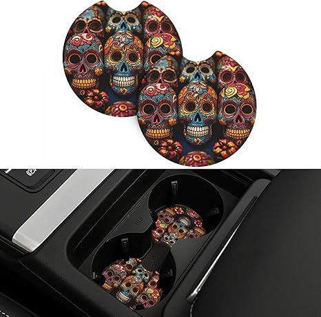 Car Coaster 2 Pcs Universal Car Cup Coaster Colorful Sugar Skulls Car Cup Mat Auto Non-Slip Cup Holder with A Finger Notch Drink Coaster for Car Car Interior Accessories Coasters for Most Vehicle - sugar skull car floor mats
