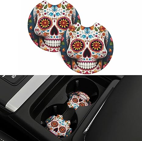 Car Coaster 2 Pcs Universal Car Cup Coaster Colorful Sugar Skull Car Cup Mat Auto Non-Slip Cup Holder with A Finger Notch Drink Coaster for Car Car Interior Accessories Coasters for Most Vehicle - sugar skull car floor mats