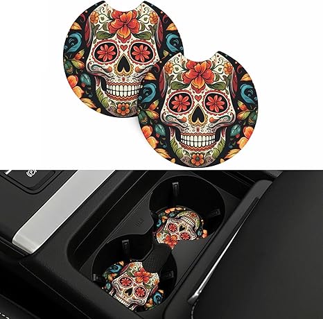 Car Coaster 2 Pcs Universal Car Cup Coaster Colorful Sugar Skull Car Cup Mat Auto Non-Slip Cup Holder with A Finger Notch Drink Coaster for Car Car Interior Accessories Coasters for Most Vehicle - sugar skull car floor mats