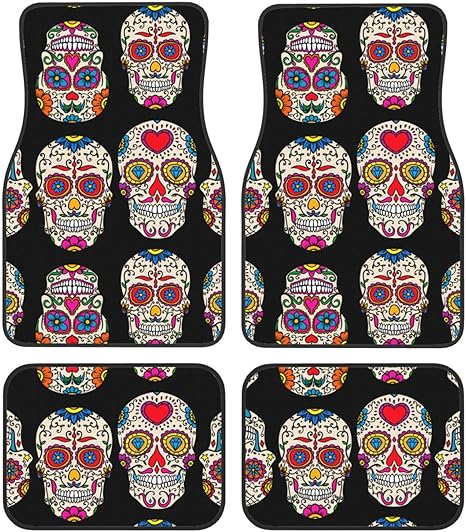 Sugar Skulls Car Floor Mats Durable Non-Slip Heel Pad Set of 4 Universal Fit Automotive SUV,Sedan,Van Protection Accessories - sugar skull car floor mats
