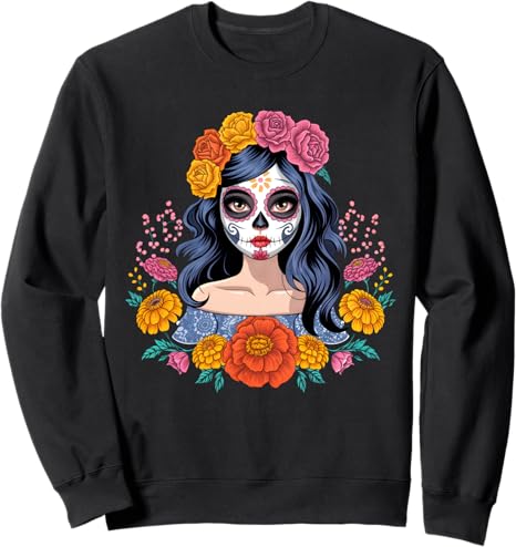 La Catrina Sugar Skull Dia De Los Muertos Tees - sugar skull sweatshirt womens