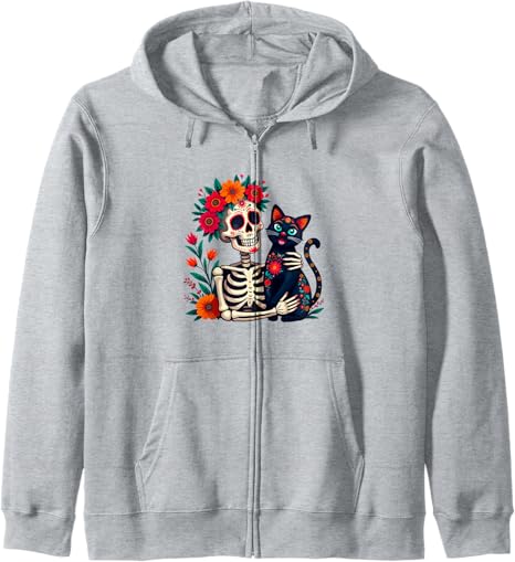 Skeleton & Cat Sugar Skull Día de los Muertos tees - sugar skull zip up hoodie mens