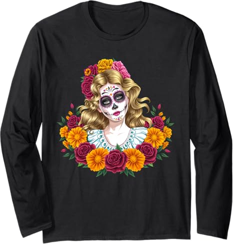 La Catrina Sugar Skull Dia De Los Muertos Tees - sugar skull long sleeve shirt mens