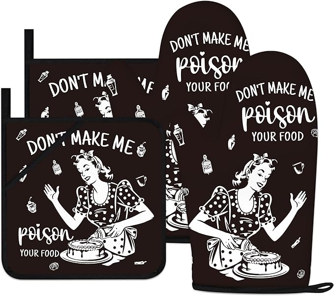 Funny Oven Mitts and Pot Holders Sets Black Kitchen Accessories Cute Kitchen Decor Funny House Warming Gifts Heat Resistant Cooking Baking Gifts for Women (Black, Oven Mitts & Pot Holders) - sugar skull oven mitts