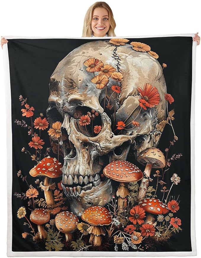 Erosebridal Sugar Skull Blanket Gothic Mushroom Throw Blanket 30"x40",Goth Skeleton Fleece Blanket Exotic Boho Floral Bed Blanket,Halloween Bone Sofa Decor - sugar skull throw blanket