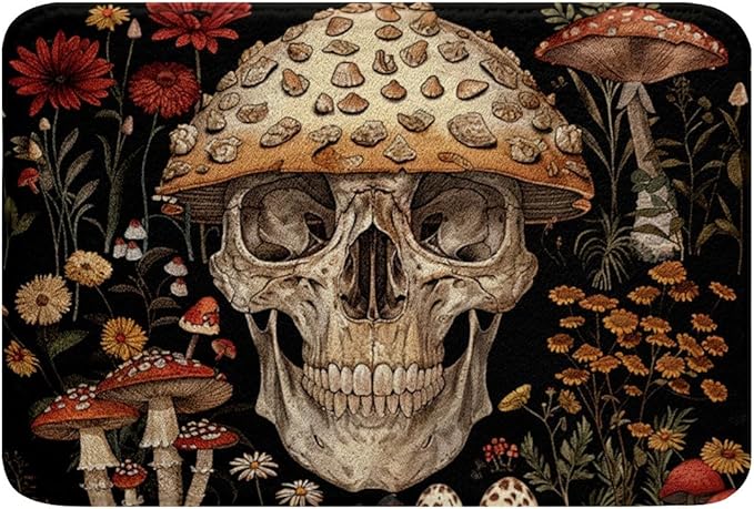 Gothic Mushroom Bathroom Rugs Goth Skeleton Rug 20"x32",Sugar Skull Floor Mats Science Fiction Style Exotic Entryway Rug,Boho Floral Vintage Flowers Bath Rug Non Slip - sugar skull floor mat
