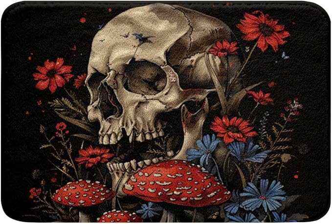 Erosebridal Gothic Mushroom Bath Mat Sugar Skull Bathroom Accessories,Goth Skeleton Outdoor Rug 16"x24",Halloween Bone Outdoor Doormats Exotic Boho Floral Bath Rug Non Slip - sugar skull toilet mat set