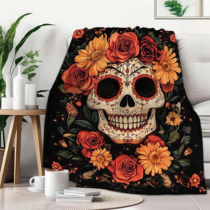 FexNuvko Sugar Skull Throw Blanket, Sugar Skull Gifts for Women, Day of The Dead Blanket, Soft Cozy Mexican Lightweight Fleece for Couch and Bed Room Decor, 50x60 Inches, 310 GSM, Single Side Printed - sugar skull handbags for sale